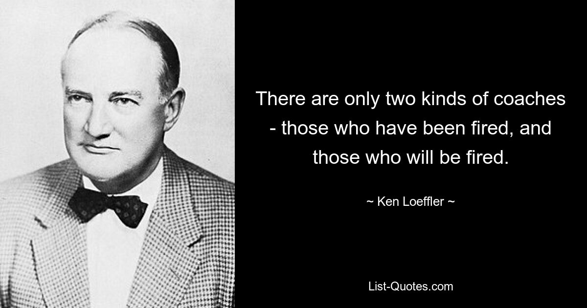 There are only two kinds of coaches - those who have been fired, and those who will be fired. — © Ken Loeffler