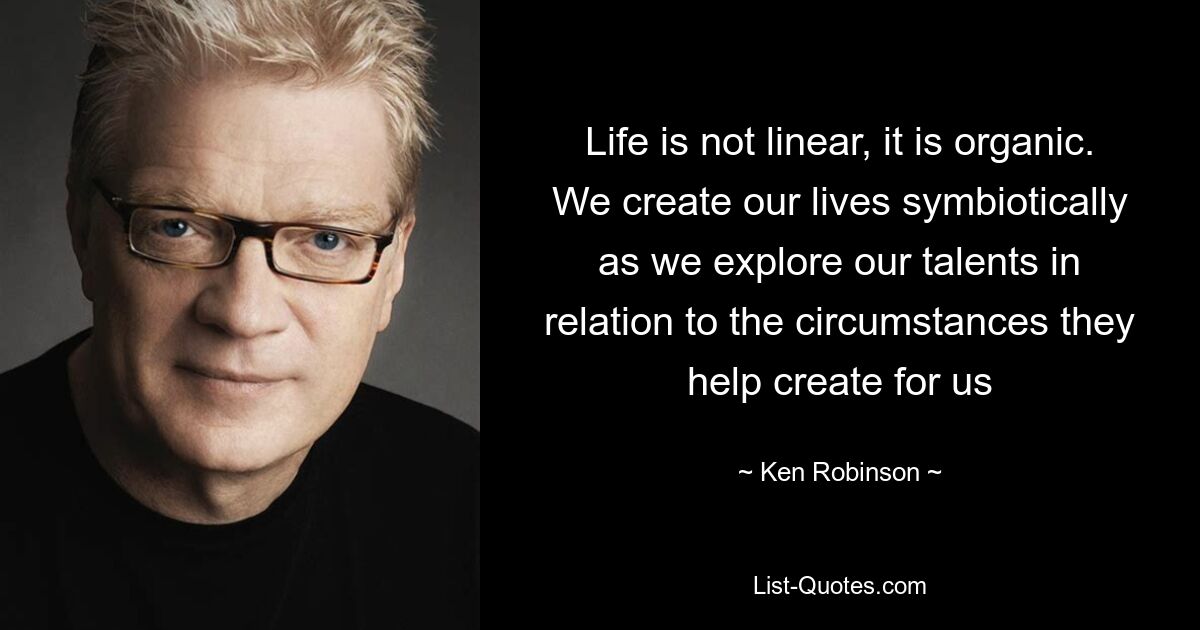 Life is not linear, it is organic. We create our lives symbiotically as we explore our talents in relation to the circumstances they help create for us — © Ken Robinson