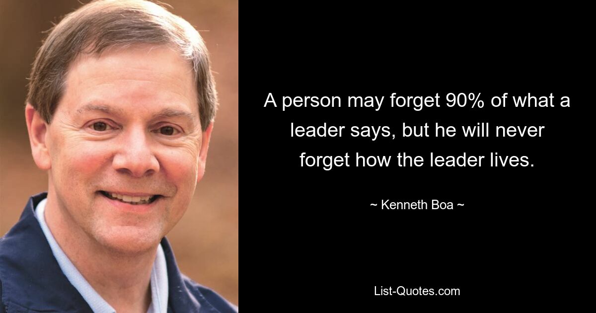 A person may forget 90% of what a leader says, but he will never forget how the leader lives. — © Kenneth Boa