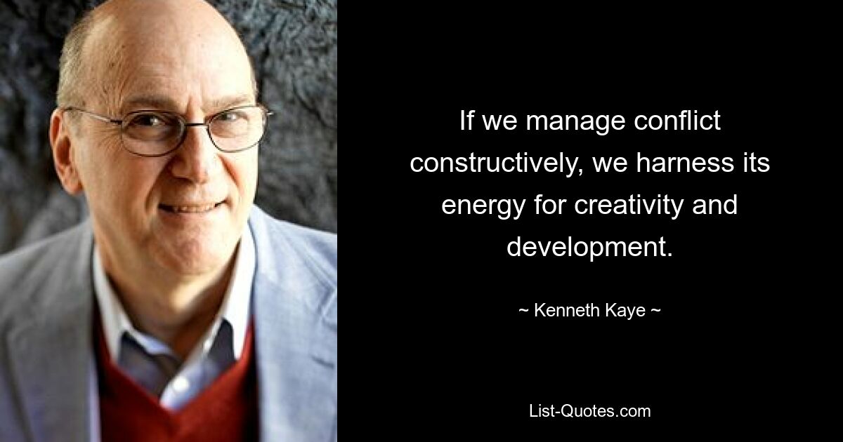 If we manage conflict constructively, we harness its energy for creativity and development. — © Kenneth Kaye