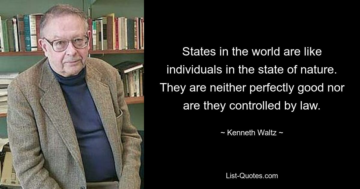 States in the world are like individuals in the state of nature. They are neither perfectly good nor are they controlled by law. — © Kenneth Waltz