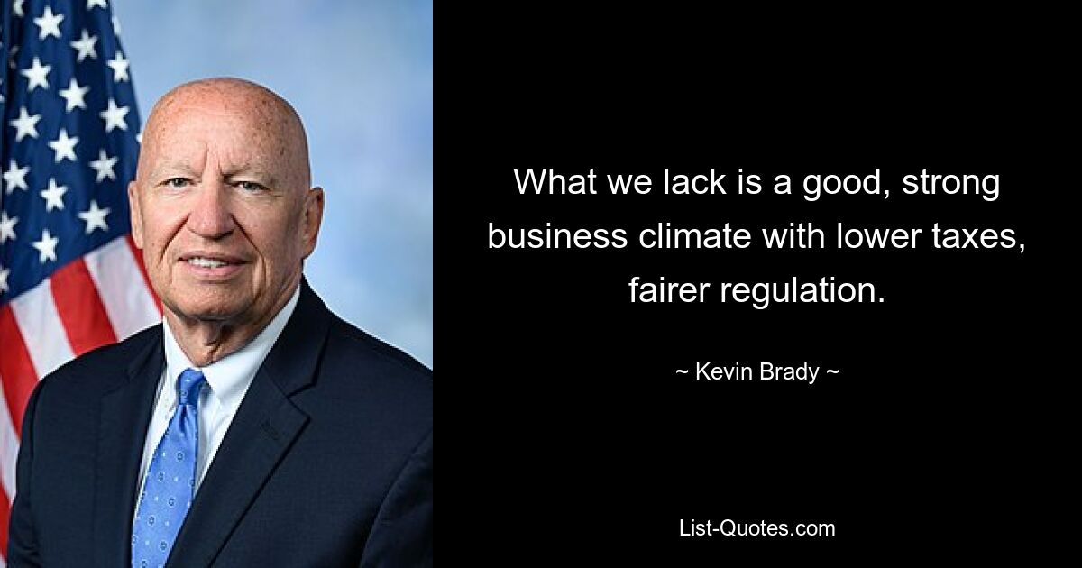 What we lack is a good, strong business climate with lower taxes, fairer regulation. — © Kevin Brady