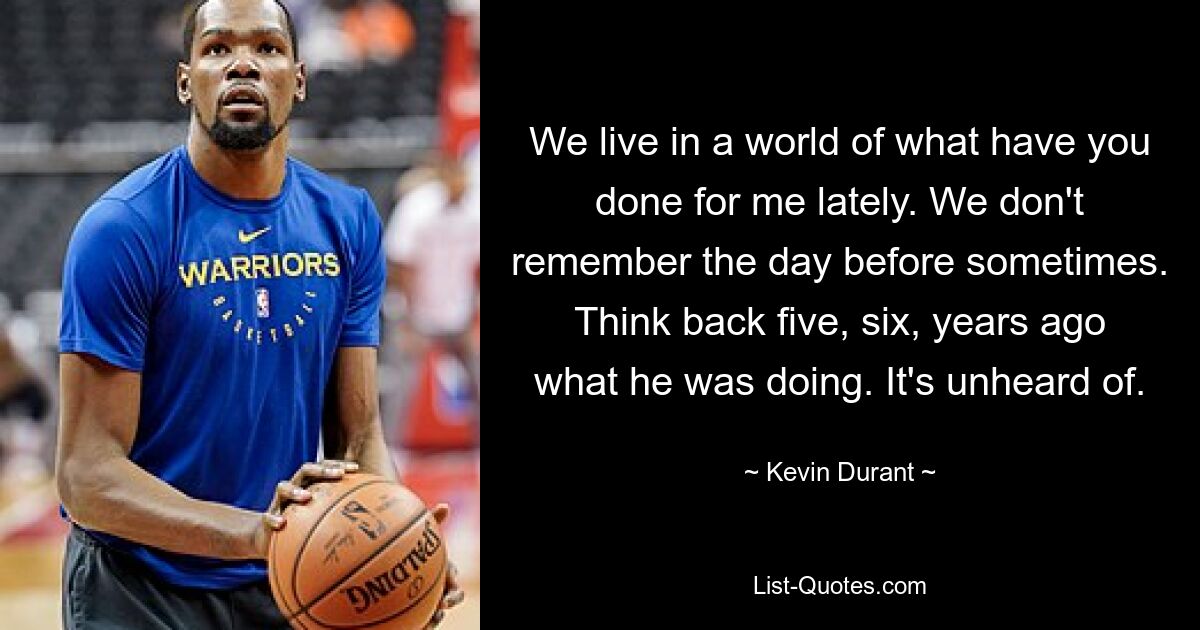 We live in a world of what have you done for me lately. We don't remember the day before sometimes. Think back five, six, years ago what he was doing. It's unheard of. — © Kevin Durant