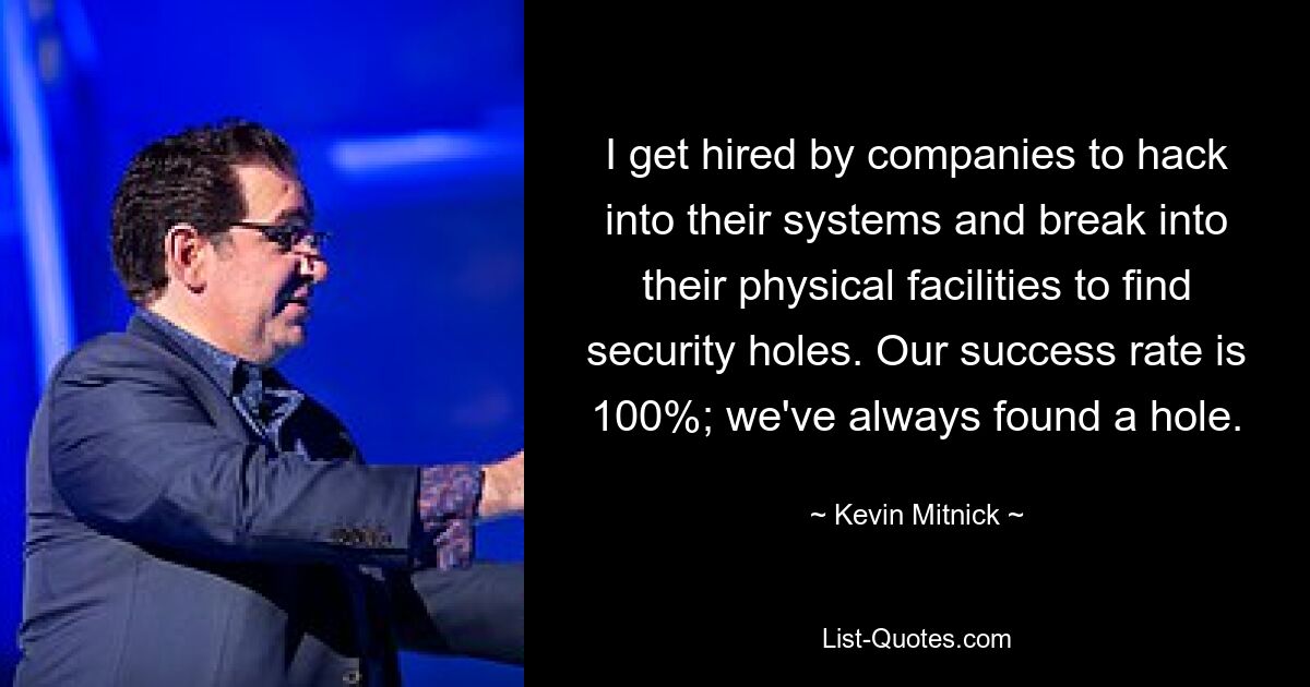 I get hired by companies to hack into their systems and break into their physical facilities to find security holes. Our success rate is 100%; we've always found a hole. — © Kevin Mitnick