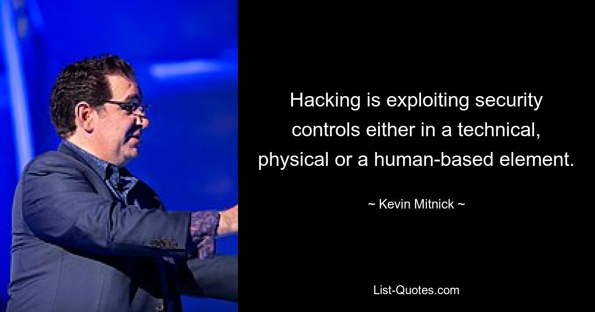 Hacking is exploiting security controls either in a technical, physical or a human-based element. — © Kevin Mitnick