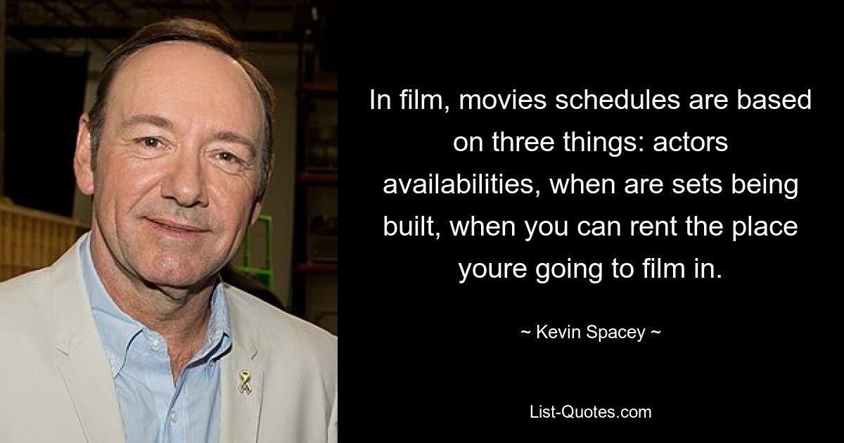 In film, movies schedules are based on three things: actors availabilities, when are sets being built, when you can rent the place youre going to film in. — © Kevin Spacey