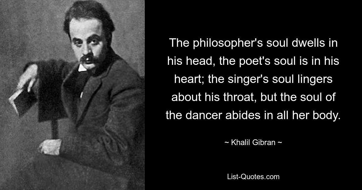 The philosopher's soul dwells in his head, the poet's soul is in his heart; the singer's soul lingers about his throat, but the soul of the dancer abides in all her body. — © Khalil Gibran