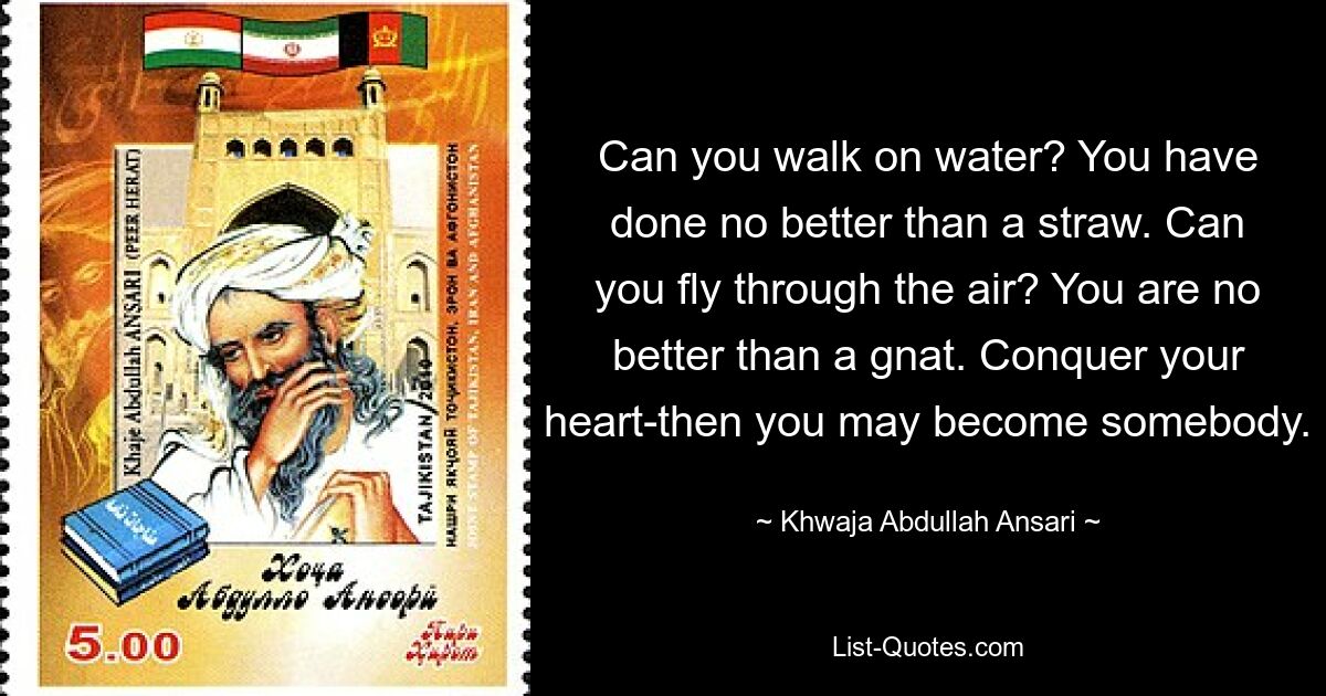 Can you walk on water? You have done no better than a straw. Can you fly through the air? You are no better than a gnat. Conquer your heart-then you may become somebody. — © Khwaja Abdullah Ansari