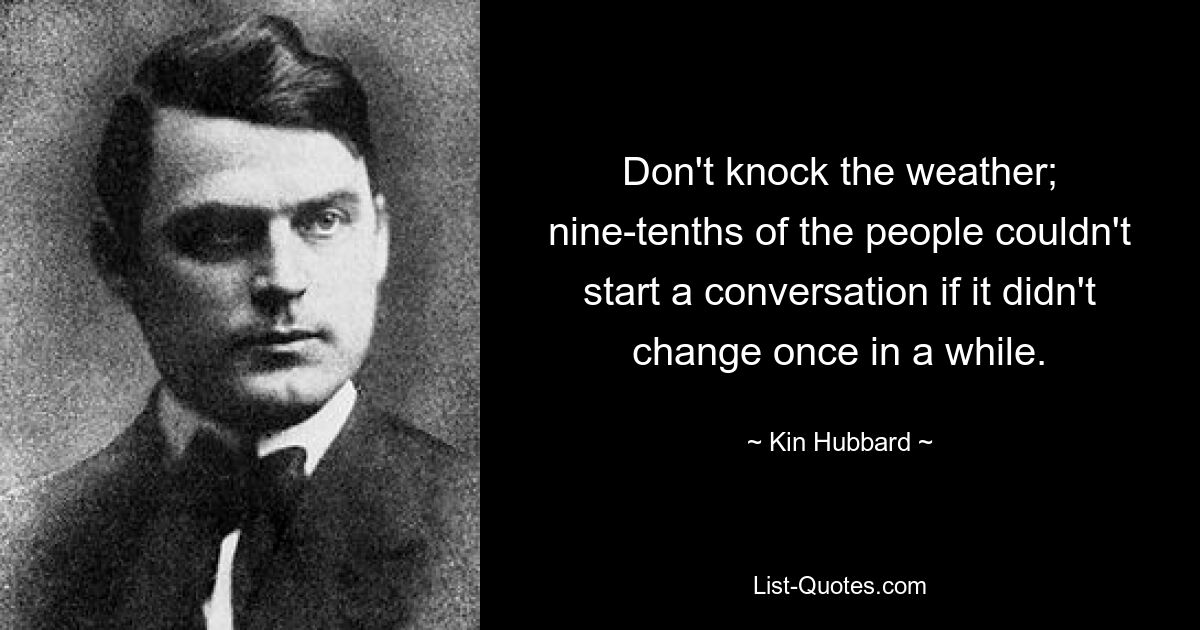 Don't knock the weather; nine-tenths of the people couldn't start a conversation if it didn't change once in a while. — © Kin Hubbard