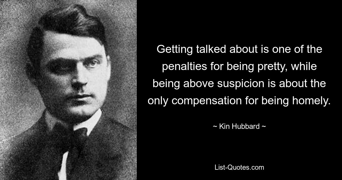 Getting talked about is one of the penalties for being pretty, while being above suspicion is about the only compensation for being homely. — © Kin Hubbard