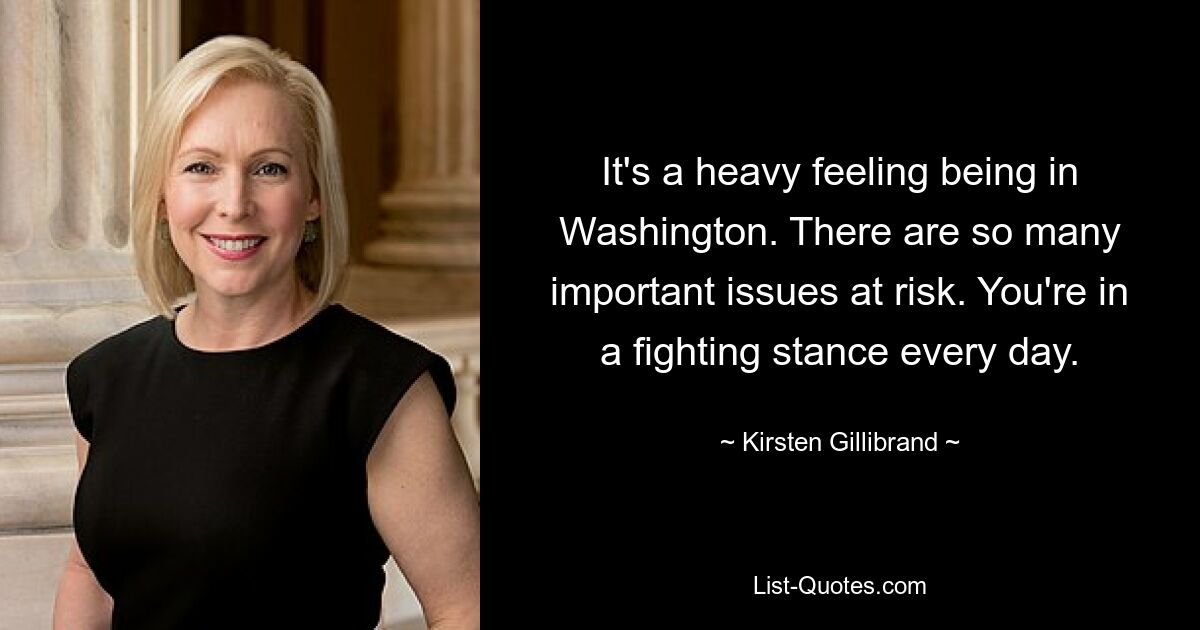 It's a heavy feeling being in Washington. There are so many important issues at risk. You're in a fighting stance every day. — © Kirsten Gillibrand