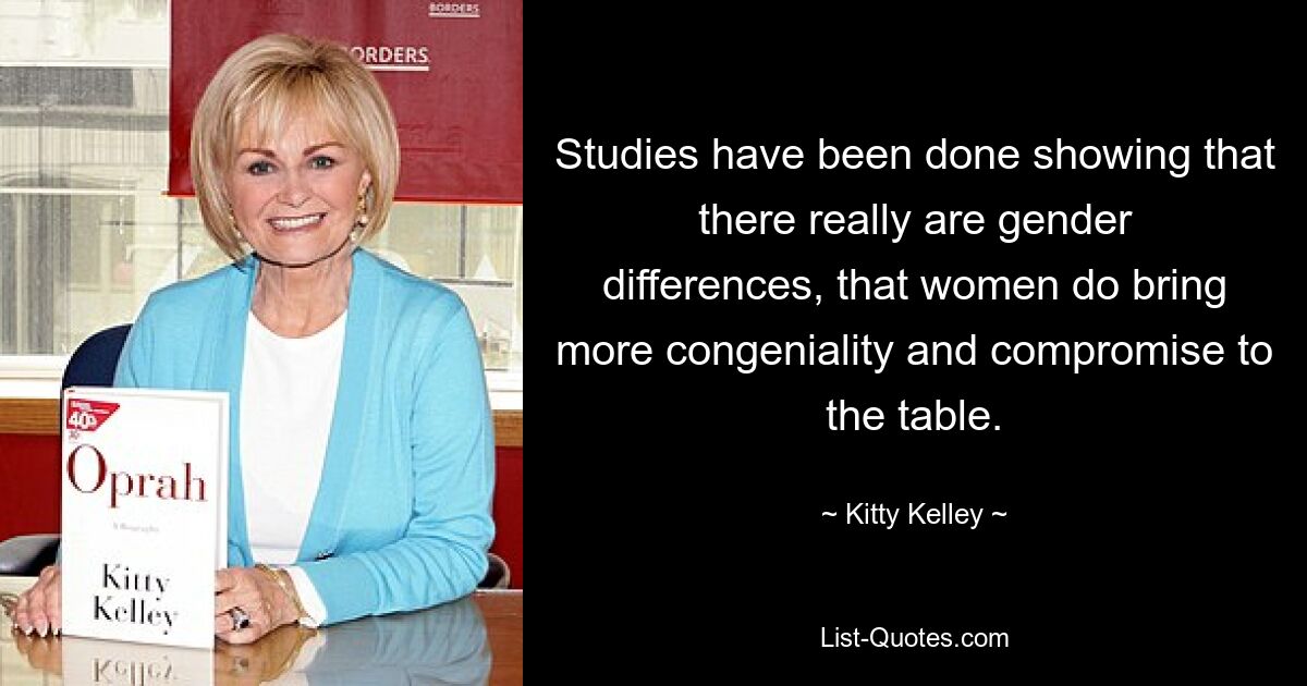 Studies have been done showing that there really are gender differences, that women do bring more congeniality and compromise to the table. — © Kitty Kelley