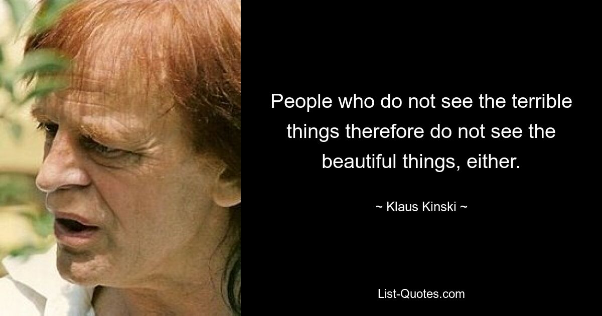 People who do not see the terrible things therefore do not see the beautiful things, either. — © Klaus Kinski