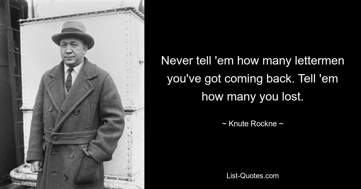 Never tell 'em how many lettermen you've got coming back. Tell 'em how many you lost. — © Knute Rockne