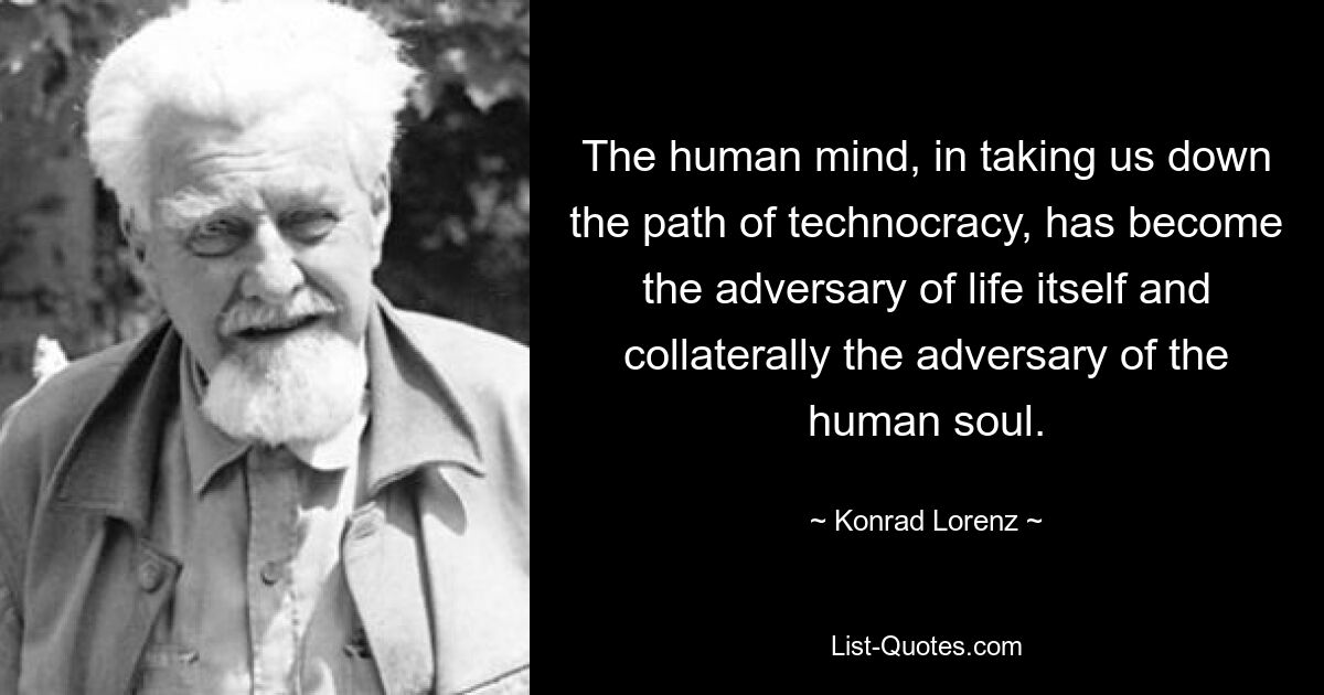 Человеческий разум, ведя нас по пути технократии, стал противником самой жизни и, попутно, противником человеческой души. — © Конрад Лоренц 