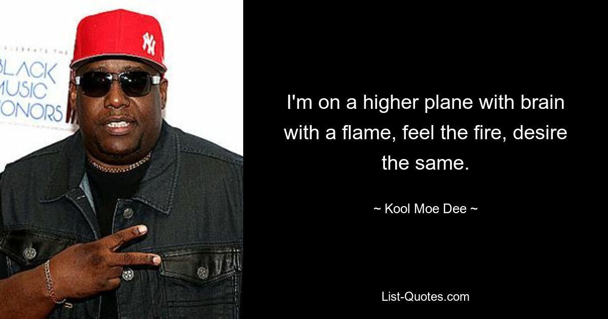 I'm on a higher plane with brain with a flame, feel the fire, desire the same. — © Kool Moe Dee