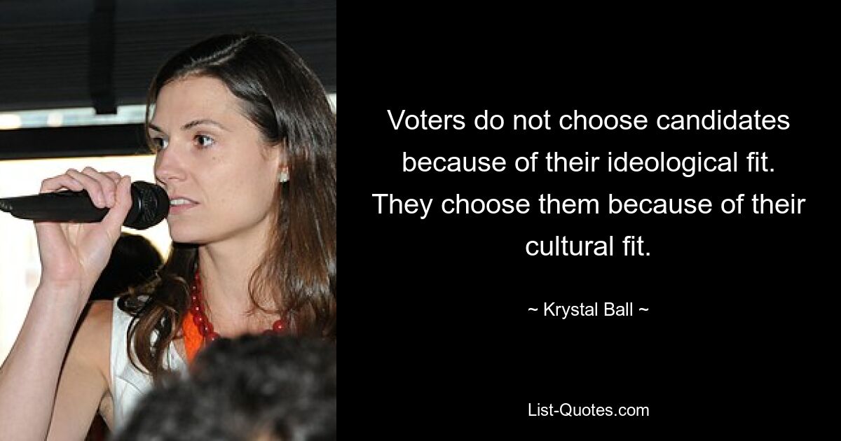 Voters do not choose candidates because of their ideological fit. They choose them because of their cultural fit. — © Krystal Ball