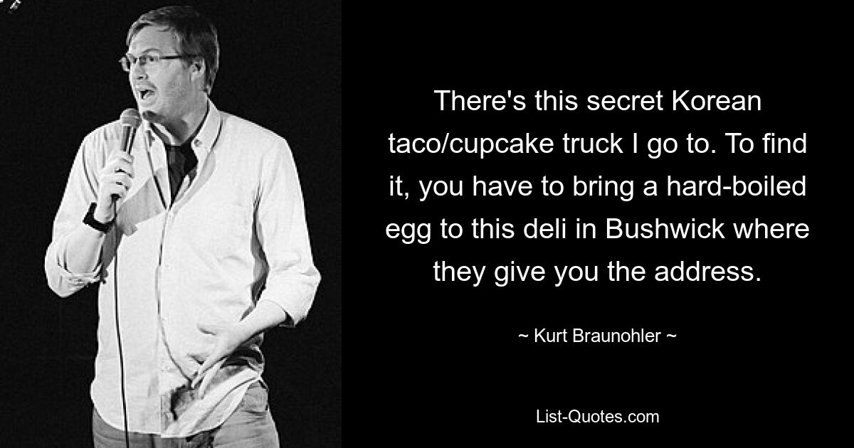 There's this secret Korean taco/cupcake truck I go to. To find it, you have to bring a hard-boiled egg to this deli in Bushwick where they give you the address. — © Kurt Braunohler