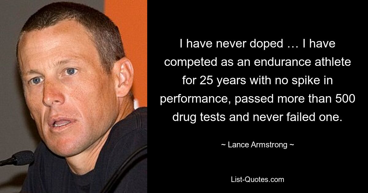 I have never doped … I have competed as an endurance athlete for 25 years with no spike in performance, passed more than 500 drug tests and never failed one. — © Lance Armstrong