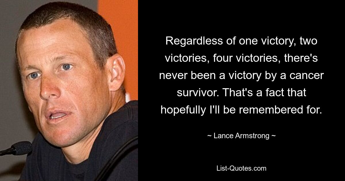 Regardless of one victory, two victories, four victories, there's never been a victory by a cancer survivor. That's a fact that hopefully I'll be remembered for. — © Lance Armstrong