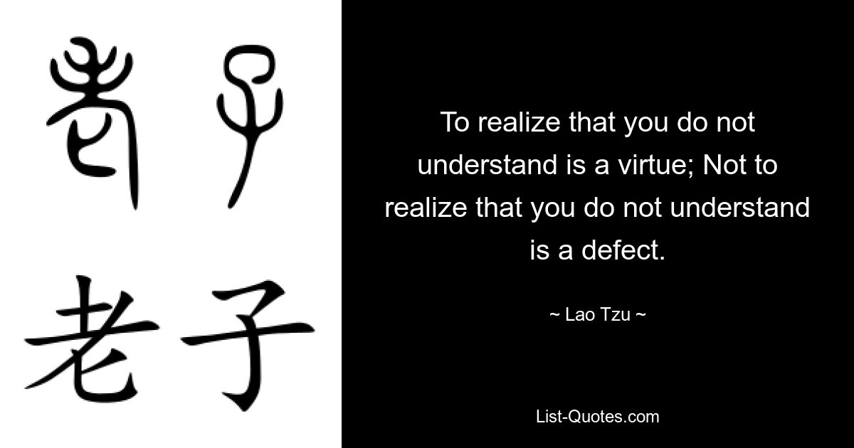 To realize that you do not understand is a virtue; Not to realize that you do not understand is a defect. — © Lao Tzu