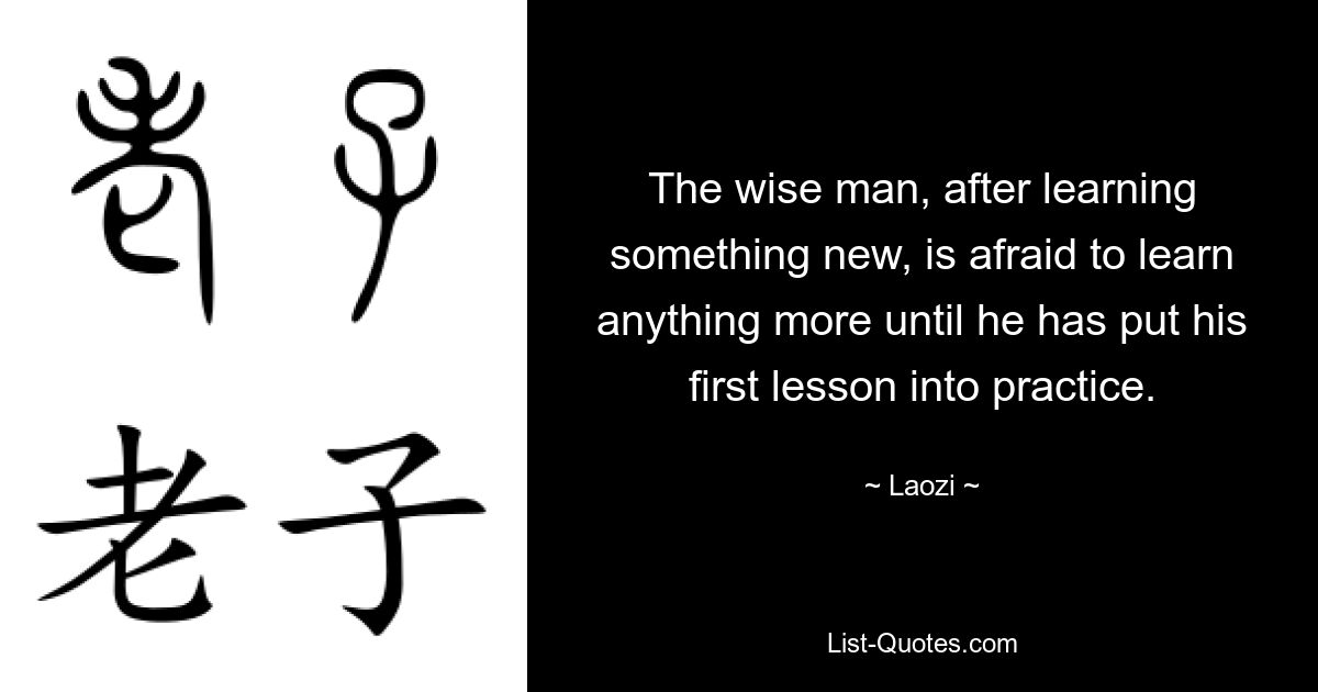 The wise man, after learning something new, is afraid to learn anything more until he has put his first lesson into practice. — © Laozi