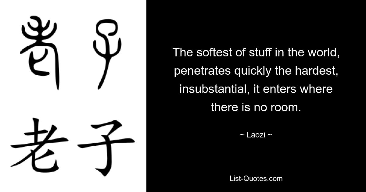 The softest of stuff in the world, penetrates quickly the hardest, insubstantial, it enters where there is no room. — © Laozi