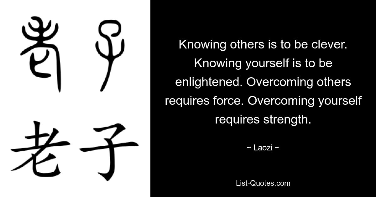 Knowing others is to be clever. Knowing yourself is to be enlightened. Overcoming others requires force. Overcoming yourself requires strength. — © Laozi