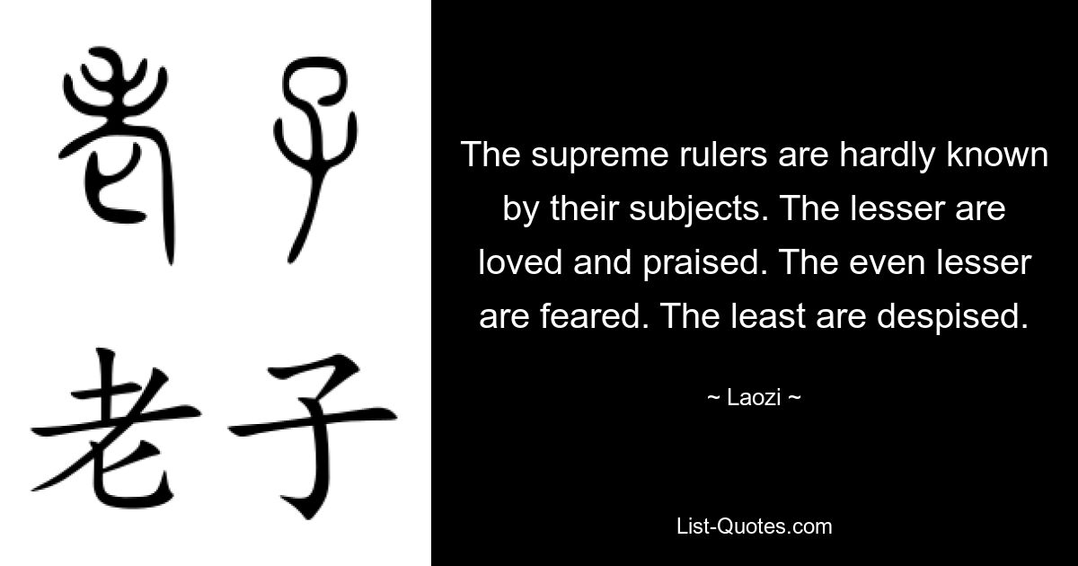 The supreme rulers are hardly known by their subjects. The lesser are loved and praised. The even lesser are feared. The least are despised. — © Laozi