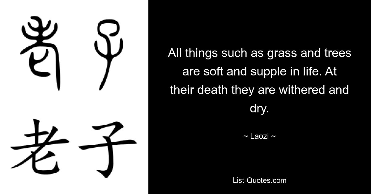 All things such as grass and trees are soft and supple in life. At their death they are withered and dry. — © Laozi