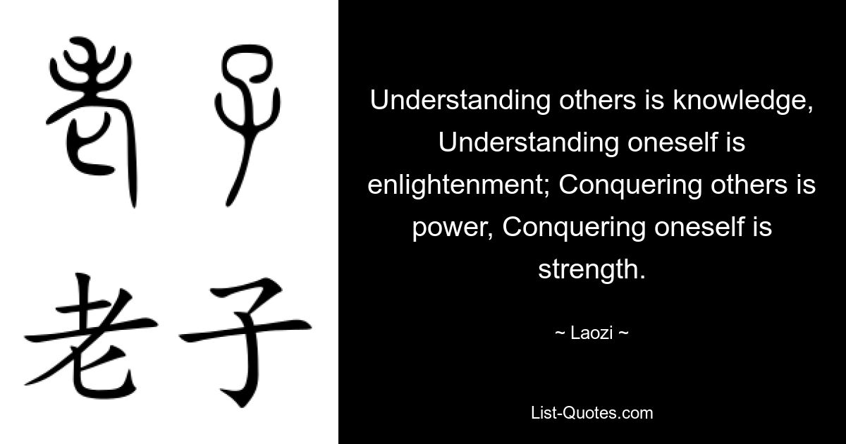 Understanding others is knowledge, Understanding oneself is enlightenment; Conquering others is power, Conquering oneself is strength. — © Laozi