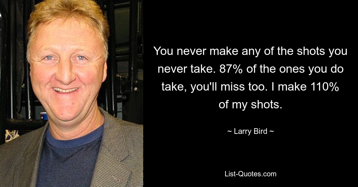 You never make any of the shots you never take. 87% of the ones you do take, you'll miss too. I make 110% of my shots. — © Larry Bird