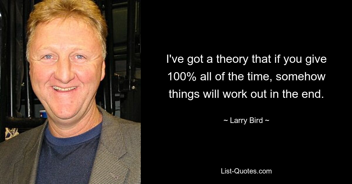 I've got a theory that if you give 100% all of the time, somehow things will work out in the end. — © Larry Bird