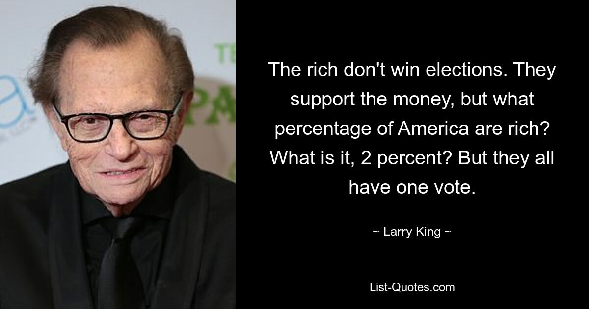 The rich don't win elections. They support the money, but what percentage of America are rich? What is it, 2 percent? But they all have one vote. — © Larry King