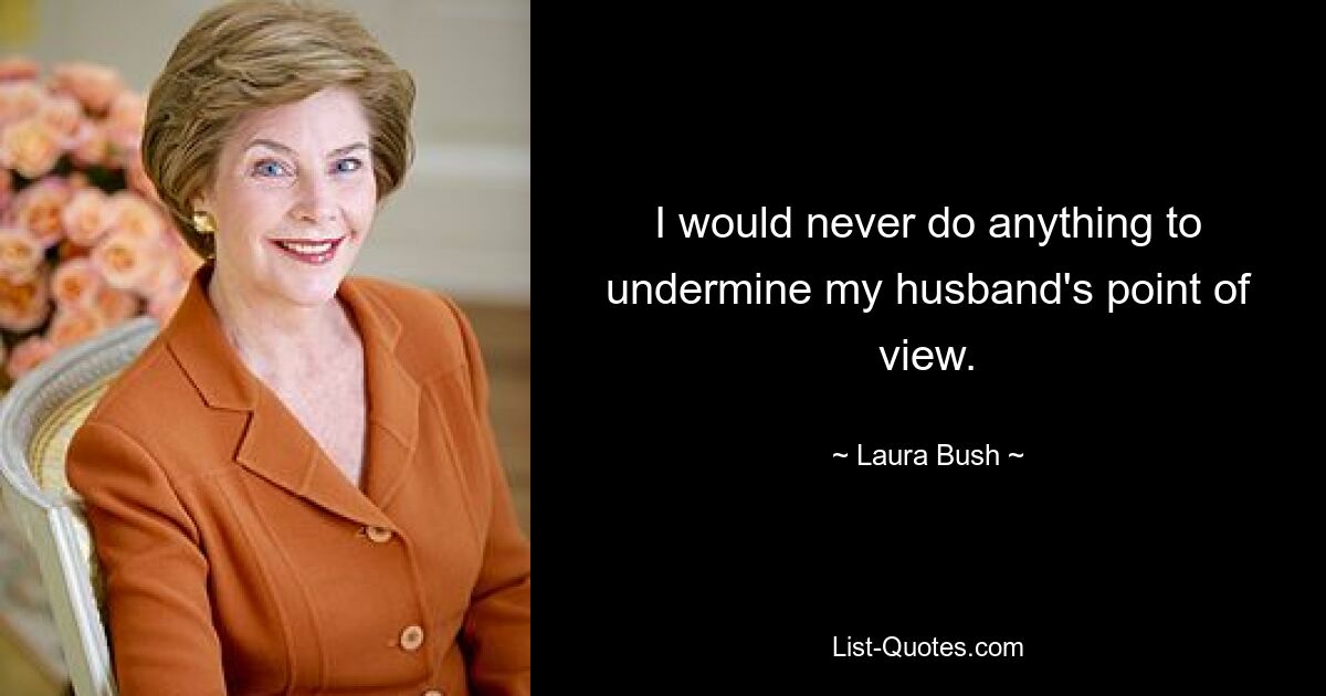 I would never do anything to undermine my husband's point of view. — © Laura Bush