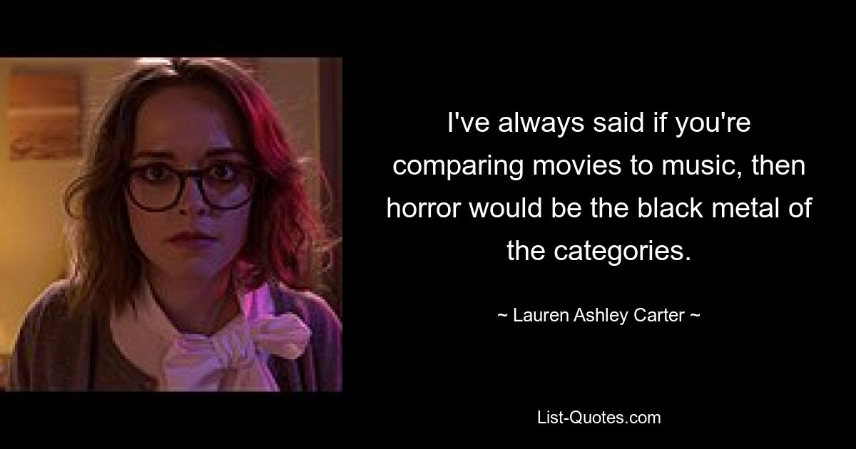 I've always said if you're comparing movies to music, then horror would be the black metal of the categories. — © Lauren Ashley Carter