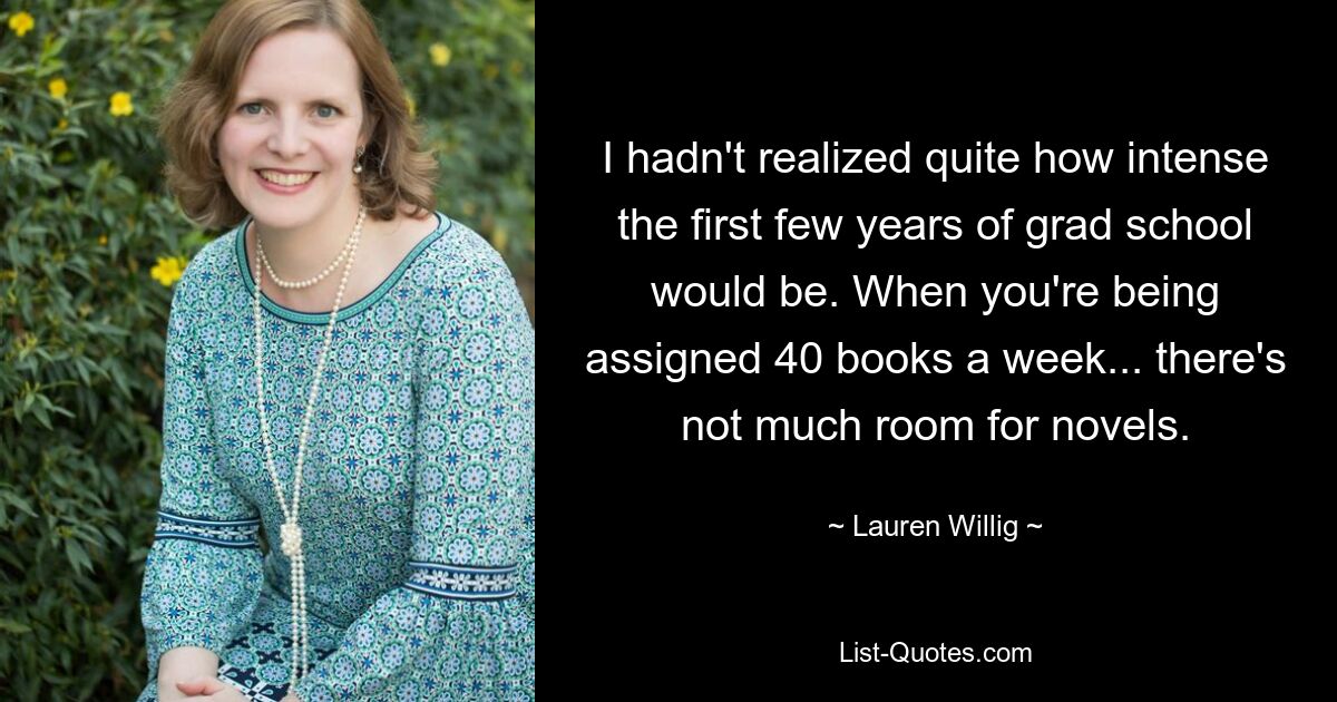 I hadn't realized quite how intense the first few years of grad school would be. When you're being assigned 40 books a week... there's not much room for novels. — © Lauren Willig