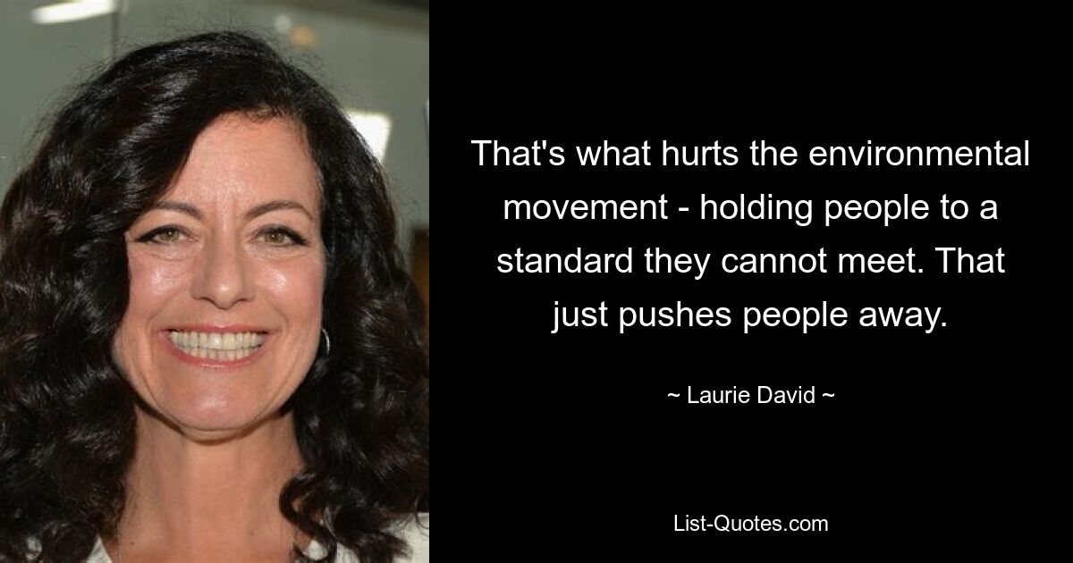 That's what hurts the environmental movement - holding people to a standard they cannot meet. That just pushes people away. — © Laurie David