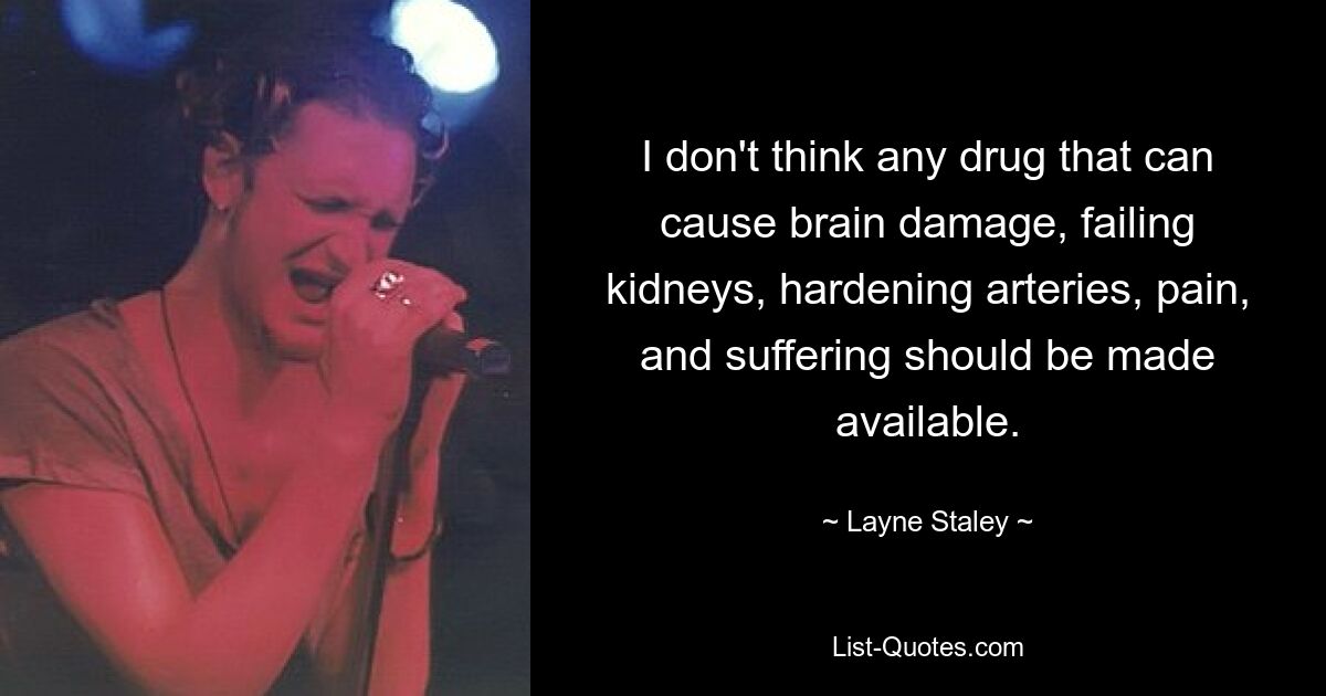 I don't think any drug that can cause brain damage, failing kidneys, hardening arteries, pain, and suffering should be made available. — © Layne Staley