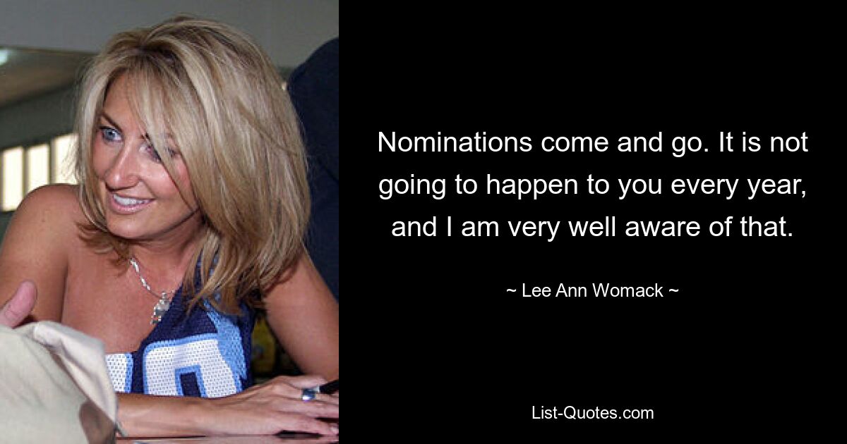 Nominations come and go. It is not going to happen to you every year, and I am very well aware of that. — © Lee Ann Womack