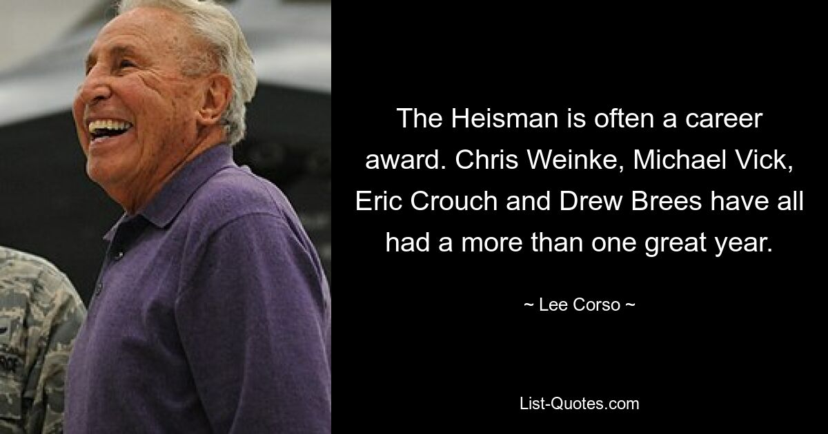 The Heisman is often a career award. Chris Weinke, Michael Vick, Eric Crouch and Drew Brees have all had a more than one great year. — © Lee Corso