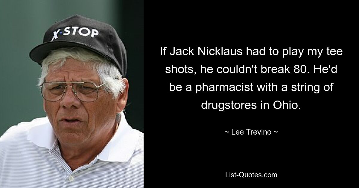 If Jack Nicklaus had to play my tee shots, he couldn't break 80. He'd be a pharmacist with a string of drugstores in Ohio. — © Lee Trevino