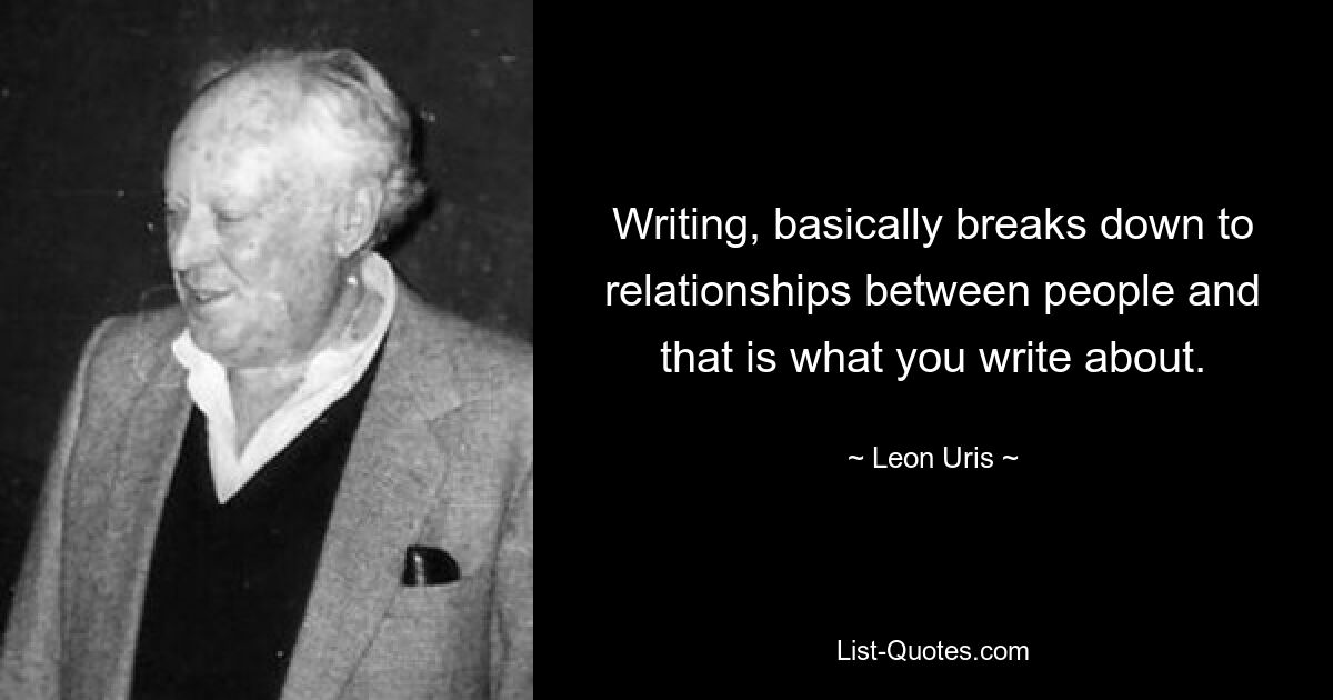 Writing, basically breaks down to relationships between people and that is what you write about. — © Leon Uris