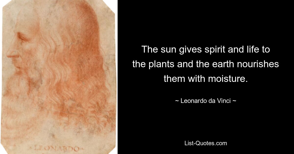 The sun gives spirit and life to the plants and the earth nourishes them with moisture. — © Leonardo da Vinci