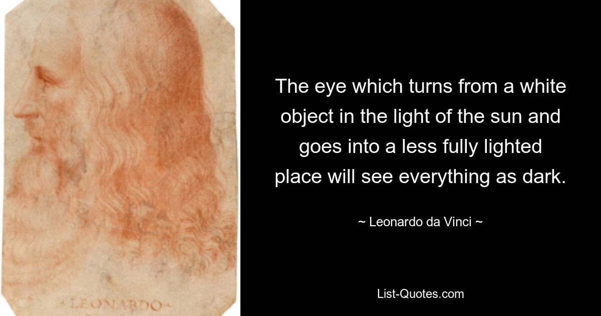 The eye which turns from a white object in the light of the sun and goes into a less fully lighted place will see everything as dark. — © Leonardo da Vinci