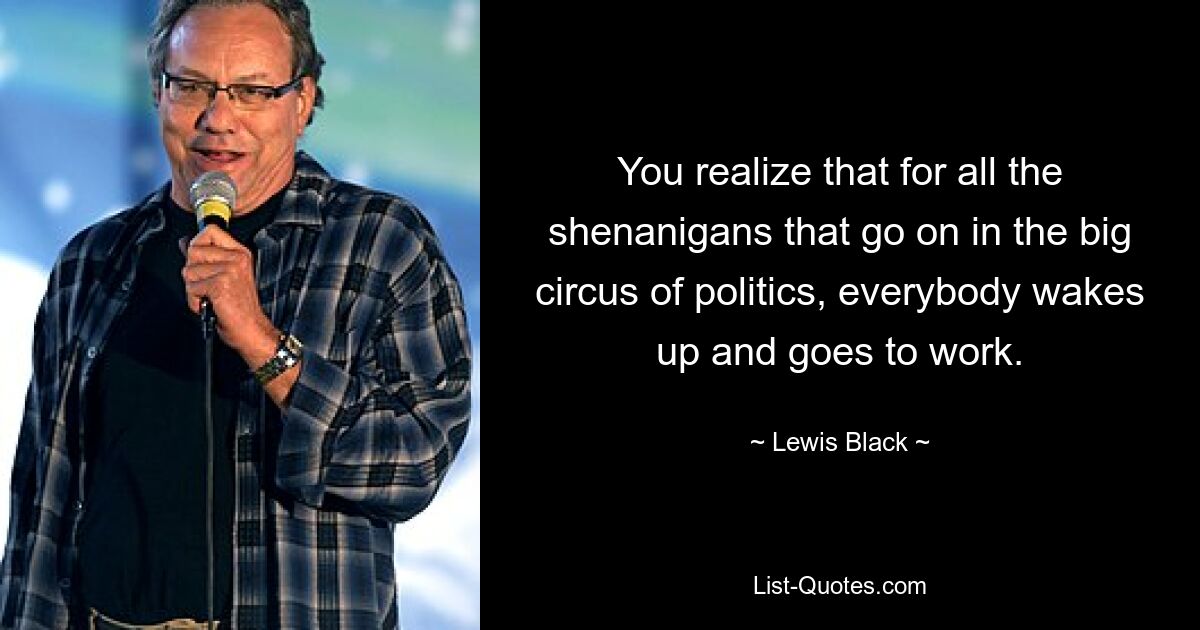 You realize that for all the shenanigans that go on in the big circus of politics, everybody wakes up and goes to work. — © Lewis Black