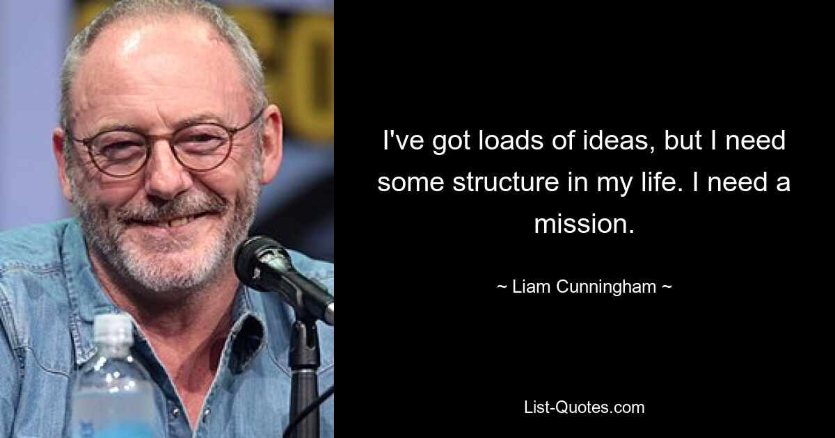 I've got loads of ideas, but I need some structure in my life. I need a mission. — © Liam Cunningham