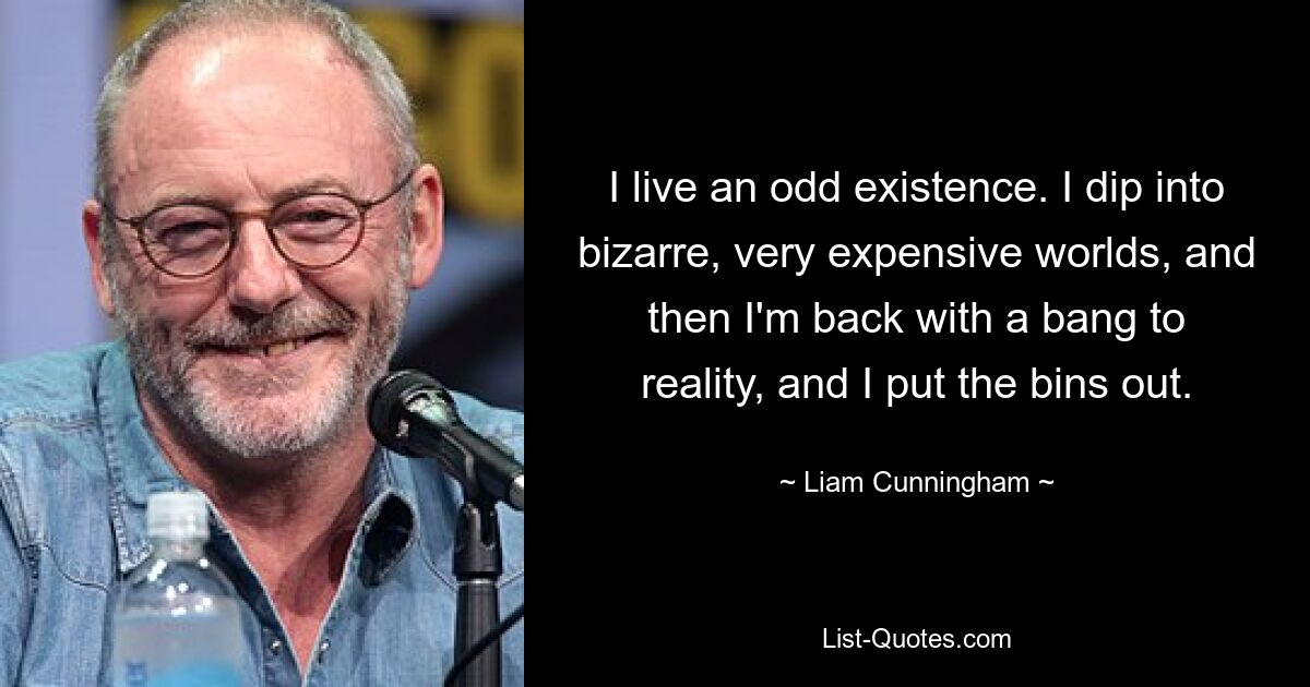 I live an odd existence. I dip into bizarre, very expensive worlds, and then I'm back with a bang to reality, and I put the bins out. — © Liam Cunningham