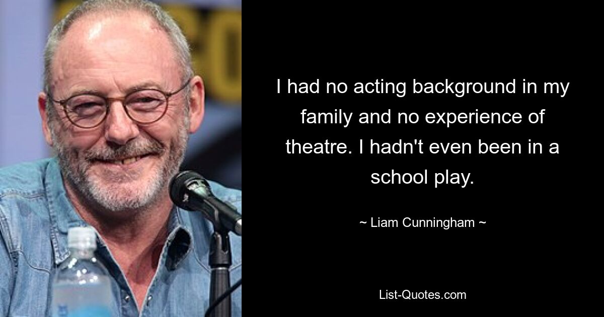 I had no acting background in my family and no experience of theatre. I hadn't even been in a school play. — © Liam Cunningham