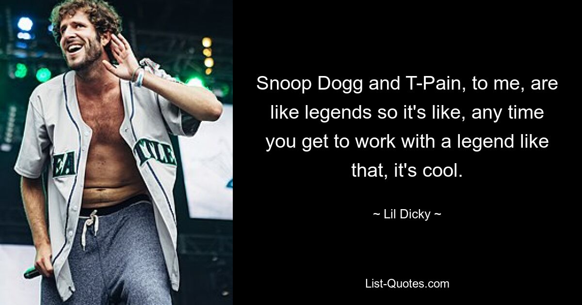 Snoop Dogg and T-Pain, to me, are like legends so it's like, any time you get to work with a legend like that, it's cool. — © Lil Dicky